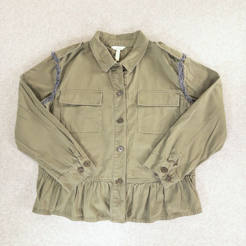 Matilda Jane Military Jacket Green Patchwork Ruffle Boho Peplum Fringe Shacket L - Picture 2 of 11